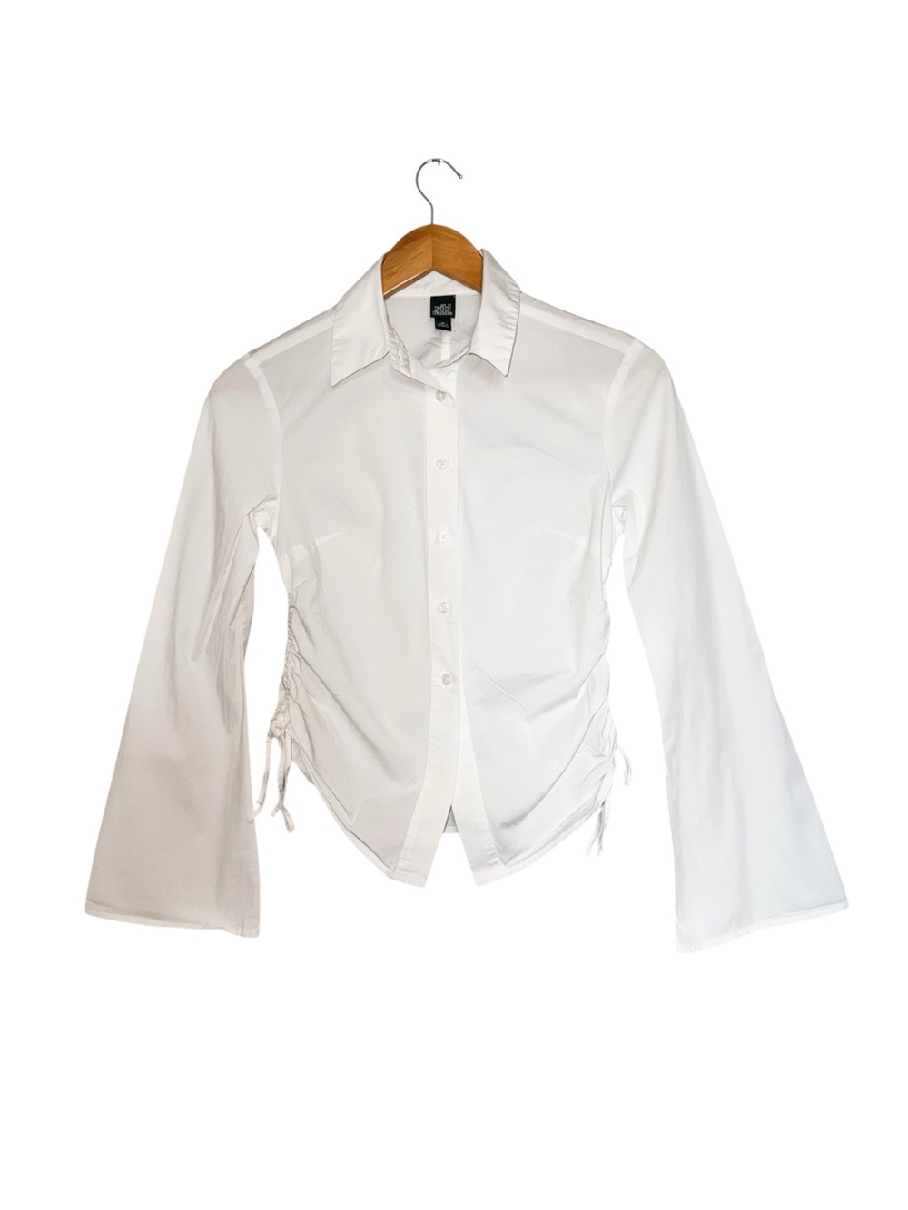 wild fable White Ruched-Side Button Down Shirt Bell Style Sleeve XS - Picture 3 of 15